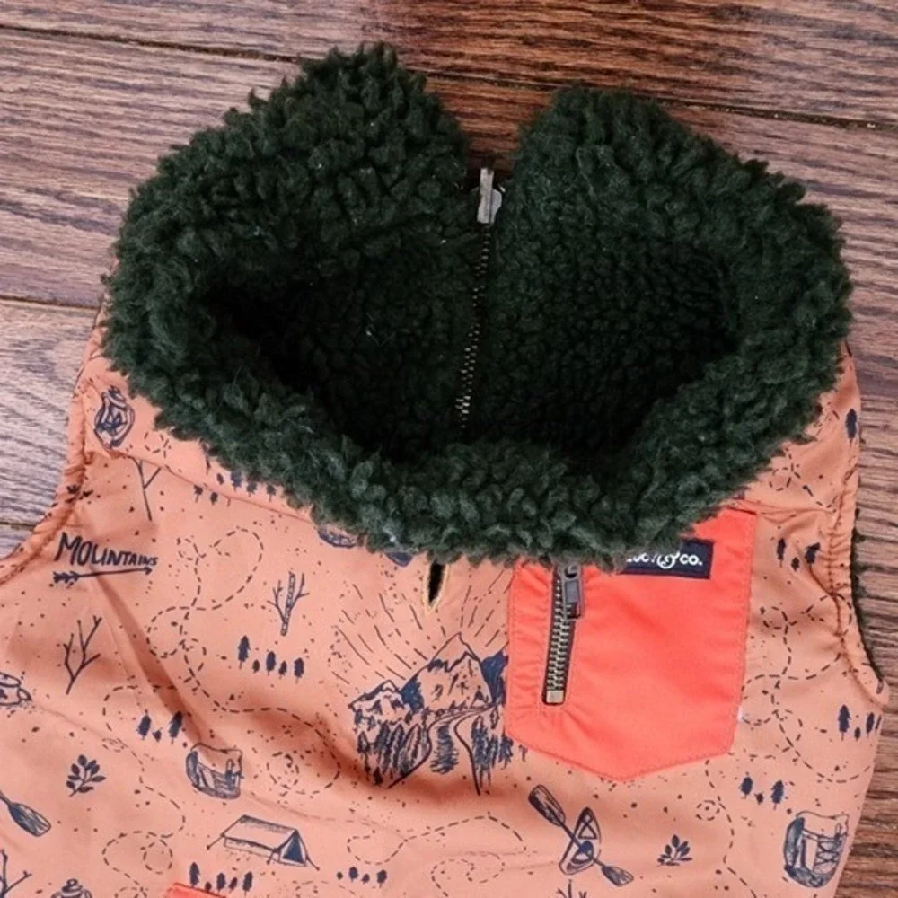 Lucy & Co Reversible Dog Vest Large Orange Mountain Print Sherpa Fleece Hiking